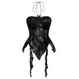 Med-Y2K Halter Crop Top - Backless Cami, Ruffle He