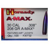 Hornady 30 Cal 208gr A-Max 100 Pieces