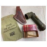 Vtg razor, flashlight, holster & money bag