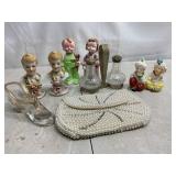 Vtg S&P shakers,Vtg bead purse & glass shoe