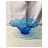 Hand Blown Blue Crackle Glass Ruffle Bowl