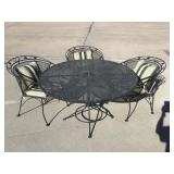 Outdoor Wrought iron table, 3 chairs w/cushions