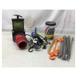 Bungee cords, stakes, waste valve