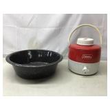 Coleman drink jug, enamelware pan