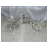 Glass; angel food, rooster, fruit bowl
