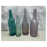 Vintage glass bottles, green, purple