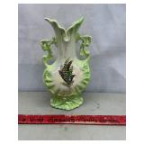 Cream and Green Ceramic Double Handled Vase