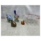 Stengel blue bird, amber glass swan, glass dish