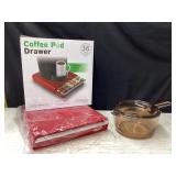 Corning glass saucepan/lid,coffee pod drawer