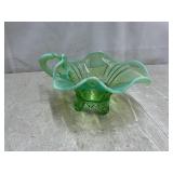 Green opalescent glass bowl, Fan, possibly Dugan