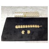 Gold tone fan leaf design bracelet/clip earrings