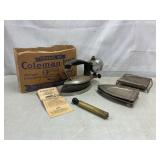 Coleman Iron w/box, iron trivets, brass look pump