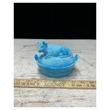 Vtg Blue Slag Milk Glass Cow On Barrel, 4't.