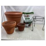 Plant pots, seed starter mix, plant stand