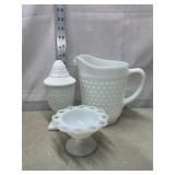 Milk Glass Pitcher, Candy Jar w/ Lid & Compote