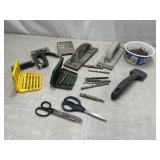 Assorted tools, drill bits, scissors, Allen wrench