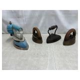 Assorted sad irons, blue enamel Coleman iron