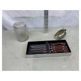 Vtg Towle stainless knives, glass canister & scoop