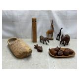 Wood figures, carvings, whistle, etc