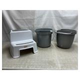 Plastic step stool, plastic work buckets