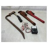 Pipe wrenches, hatchet, crow bar, tester