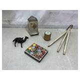 Treasures-wood bobbins, waxed thread, match tin