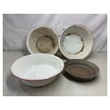 Enamelware pans, sieve