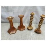 Candle holders:Jeanette carnival glass, wood