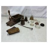 Vtg casters, bell, photo book, wall mount grinder