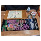 Asian wall hanging and tea pot, tea cups,jar