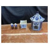 Asian style porcelain. Shakers . Pot. Birdhouse