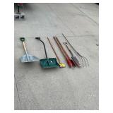 Assorted Yard Tools, plastic scoop shovel