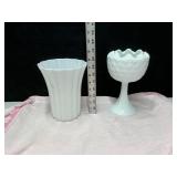 Vtg Milk Glass pedestal vase & bouquet vase