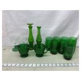 Green Glass Vases, Cups & Cream/Sugar Set
