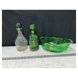 Vtg green glass center piece. Glass decanters