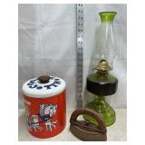 Flat Iron; Vtg Glass Oil Lamp; Vtg Ransburg