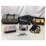 Tool belt, tool bags, cord, gloves,boxes/fasteners