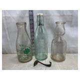 Vtg milk bottles; cream dipper spoon