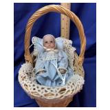 Vintage Baby Porcelain Doll in Basket