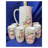 Vintage Hand-painted Ceramic Juice Pitcher with 6