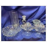 Clear Glass Candle Sticks, bowl and vase