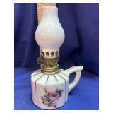 Gilt-Accent Ceramic Miniature Oil Lamp Rose Motif