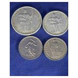 vintage French silver coins, likely French 5