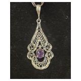 925 Silver amethyst pendant necklace featuring an
