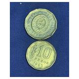 10-peso and 25 Peso coins from Argentina, dating