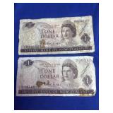 two vintage New Zealand One Dollar banknotes
