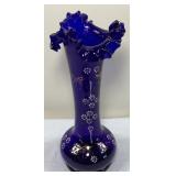 Vistorian Bristol Blue Hand Blown Ruffled Vase-