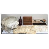 Antique Doily's/Wooden Trinket Box/Wood Statue
