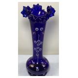 Vtg Bristol Blue Ruffled Hand Blown Vase-12 Inch