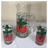 Beautiful Stained Glass Apple Pitcher & 2 Glasses